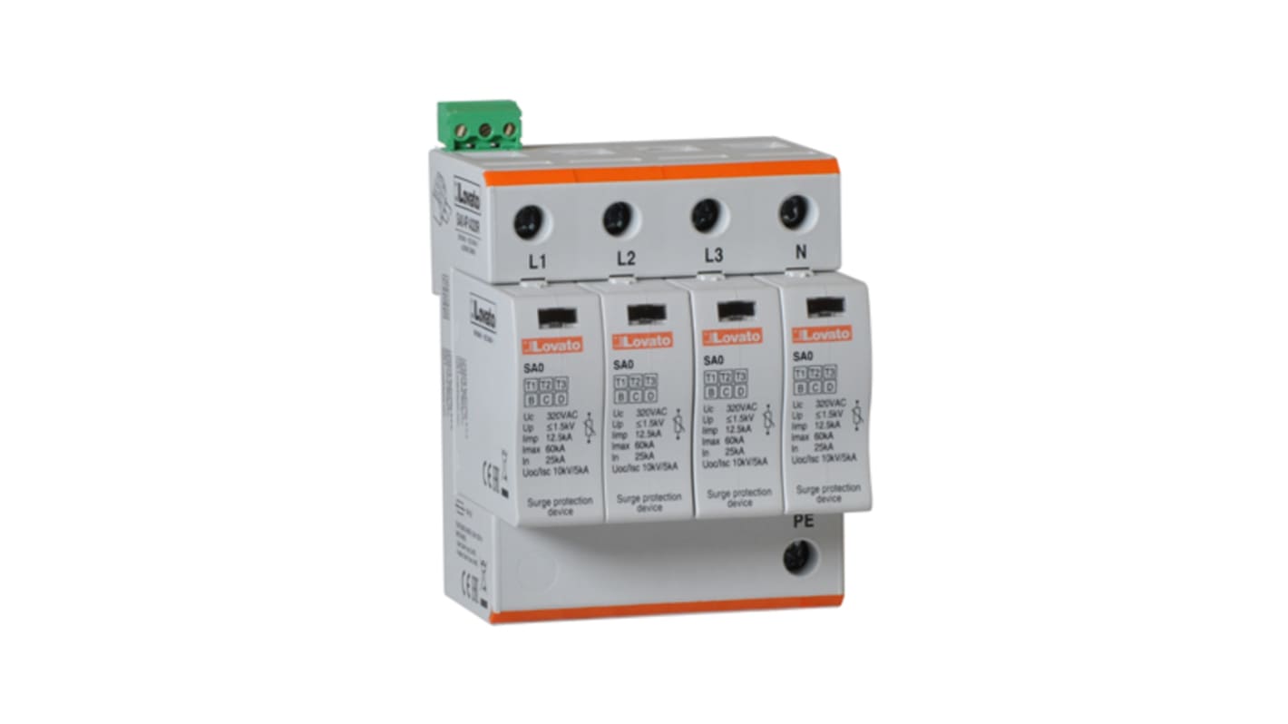 SA04PA320R Lovato Single Phase Surge Protector, 60kA, DIN Rail Mount RS