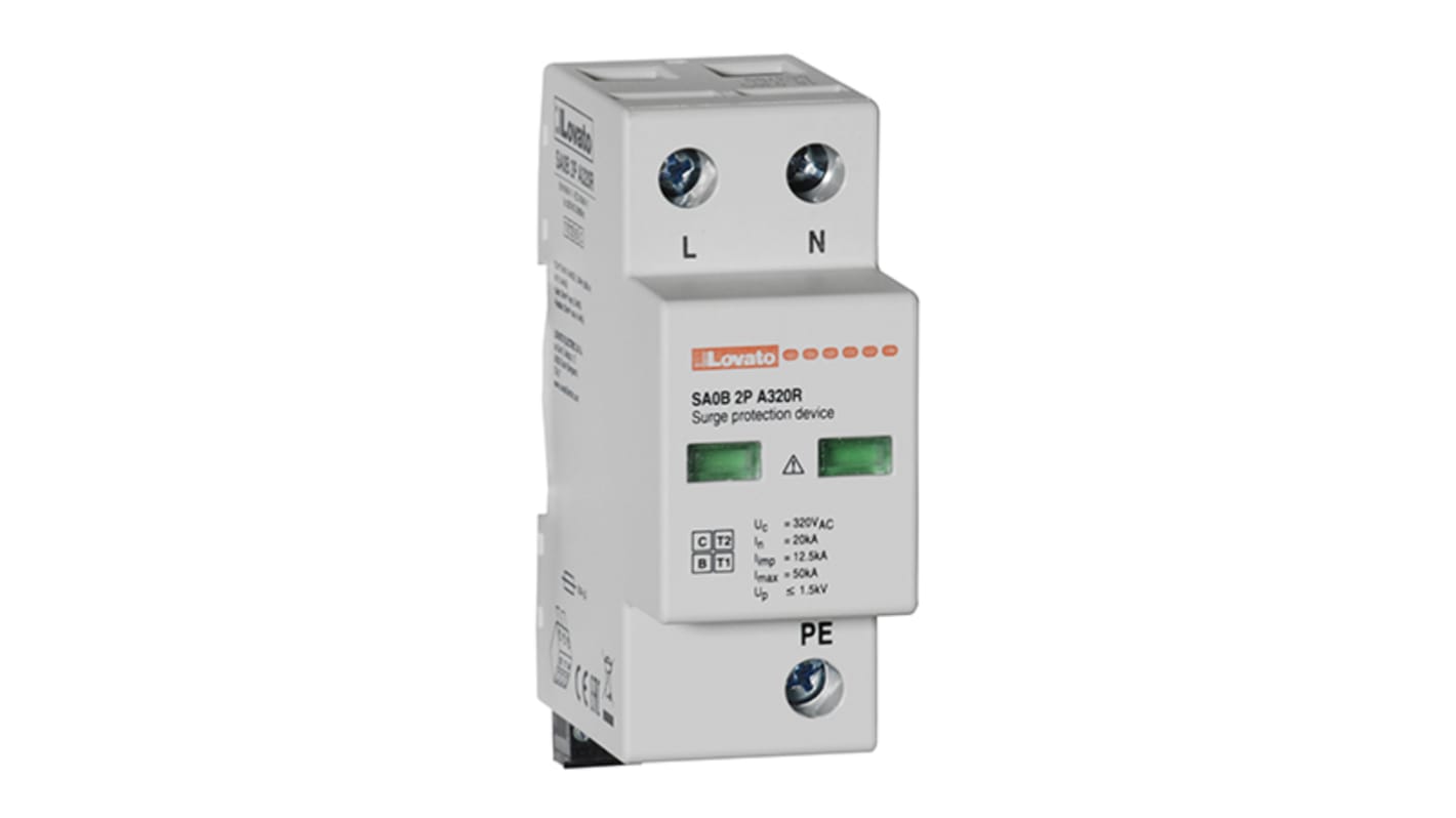 SA0B2PA320R Lovato Single Phase Surge Protector, 50kA, DIN Rail Mount