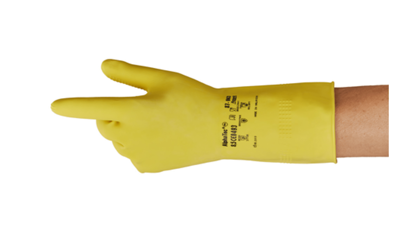 Ansell Yellow Latex Chemical Resistant Work Gloves, Size 8.5, Latex Coating
