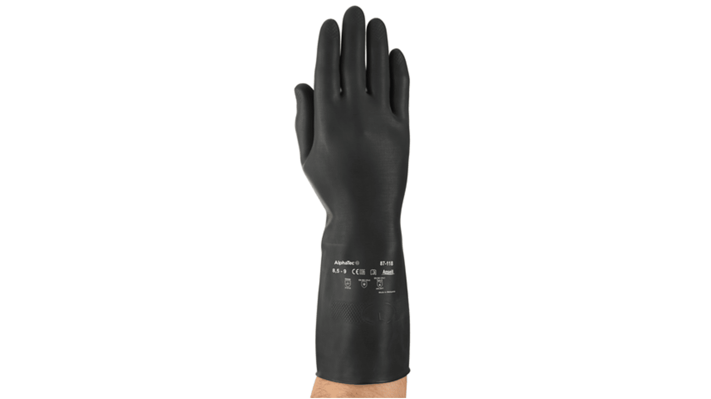 Ansell Black Latex Chemical Resistant Work Gloves, Size 6.5, Latex Coating