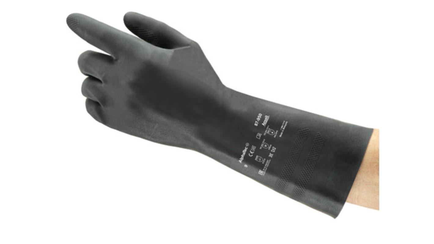 Ansell Black Latex Chemical Resistant Work Gloves, Size 7, Latex Coating