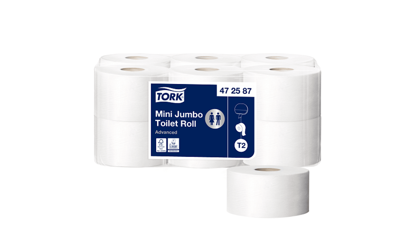 Tork Weiß Toilettenpapier, 2-lagig 1000-Blatt, 12 x Rollen Mini Jumbo