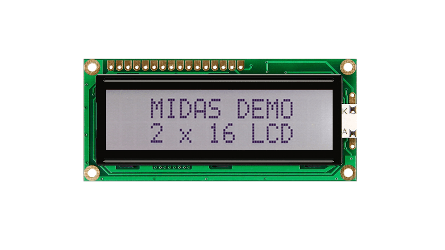 Midas MC21605C6W-FPTLWS-V2 Alphanumeric LCD Alphanumeric Display, 2 Rows by 16 Characters