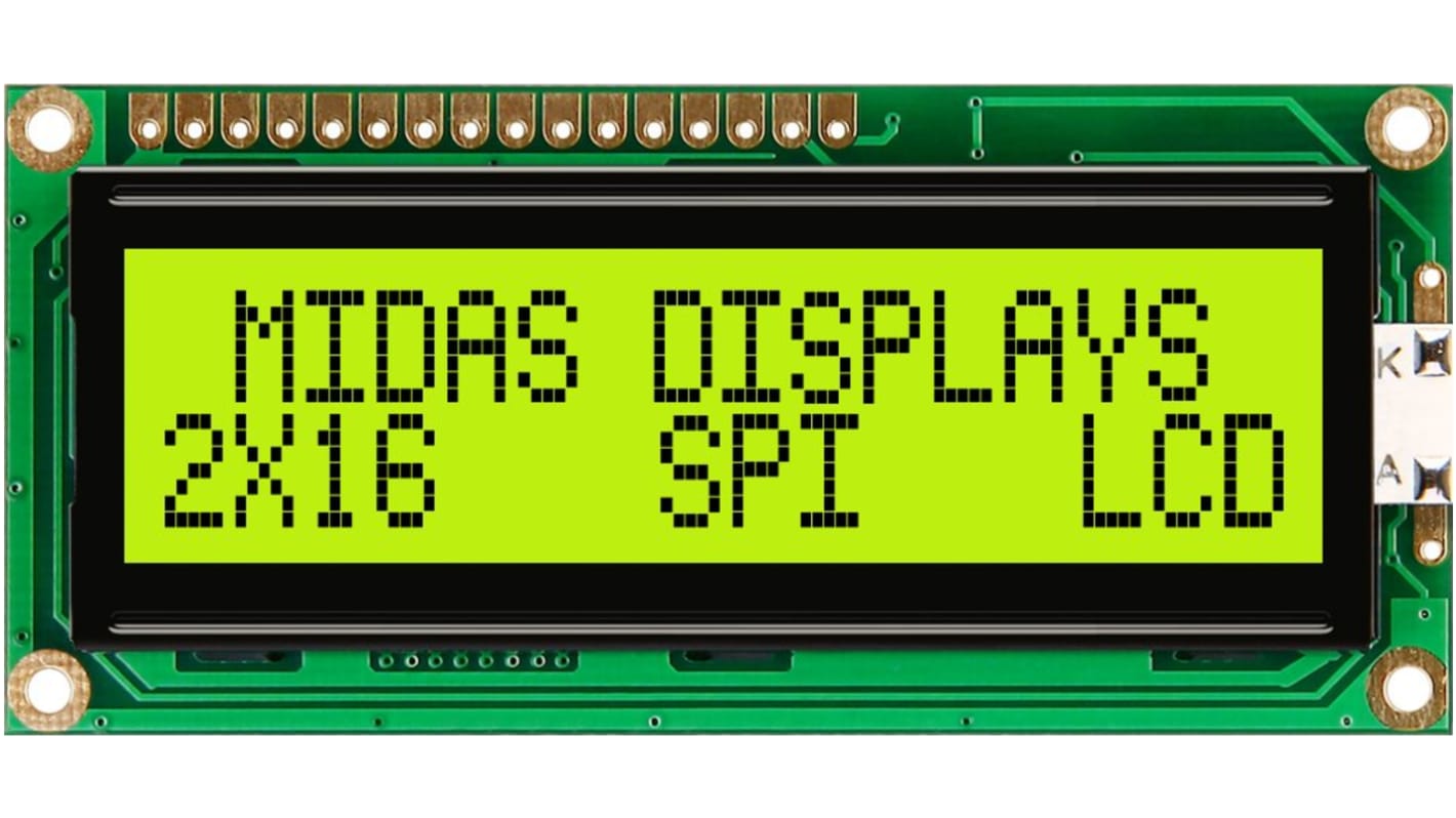 Midas MC21605C6W-SPTLYS-V2 Alphanumeric LCD Alphanumeric Display, 2 Rows by 16 Characters