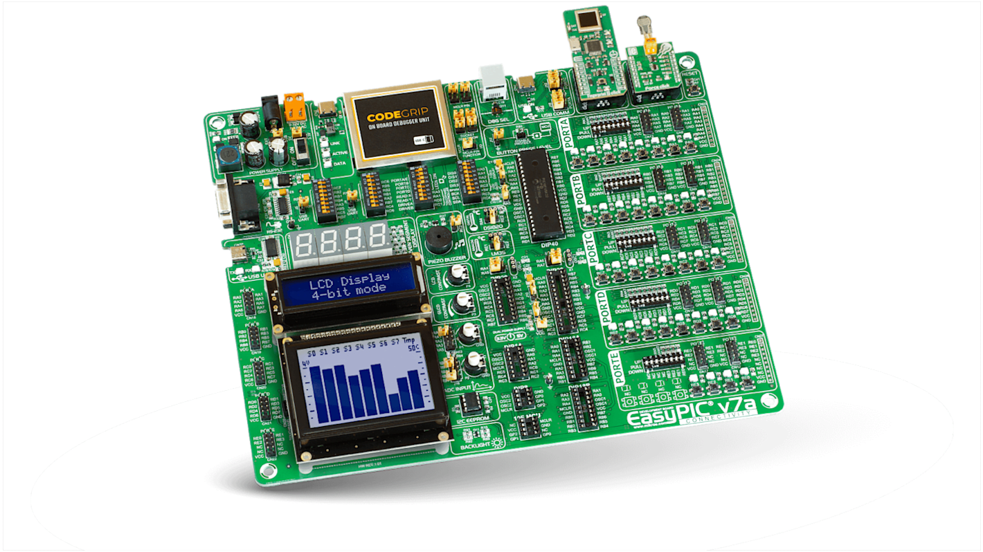 Placa de desarrollo EasyPIC v7a Development System de MikroElektronika, con núcleo PIC8
