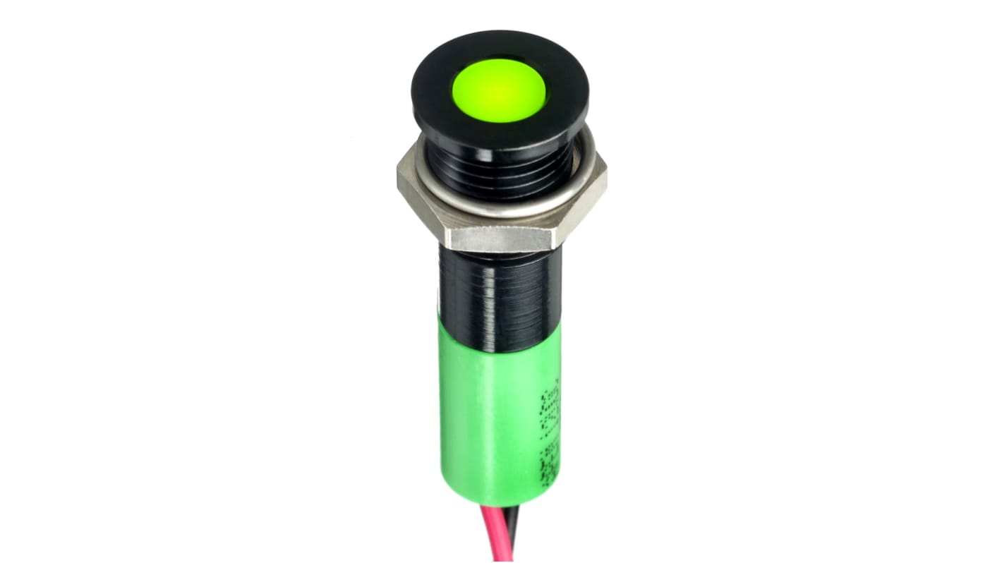 RS PRO Green Panel Mount Indicator, 2V dc, 8mm Mounting Hole Size, Lead Wires Termination, IP67