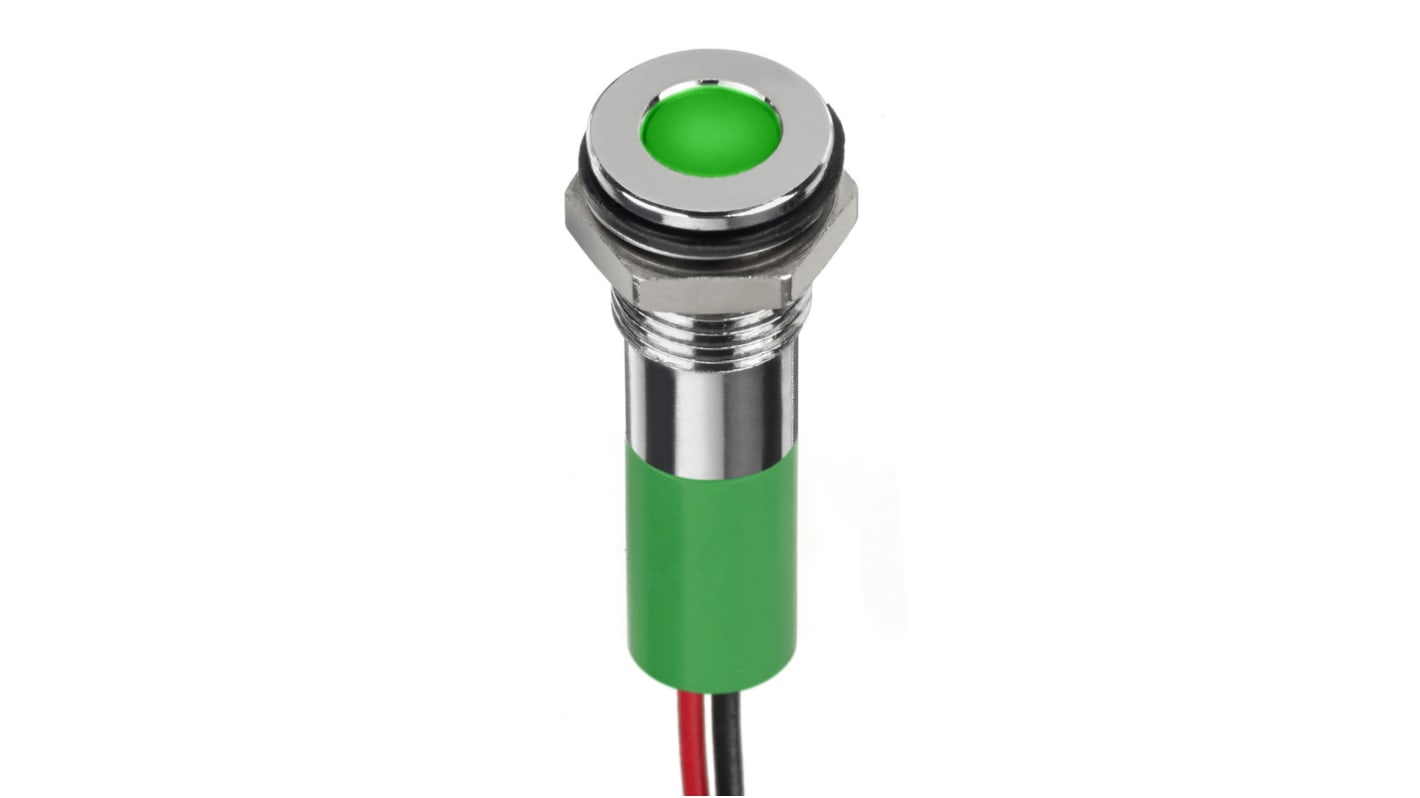 RS PRO Green Panel Mount Indicator, 2V dc, 8mm Mounting Hole Size, Lead Wires Termination, IP67 RS