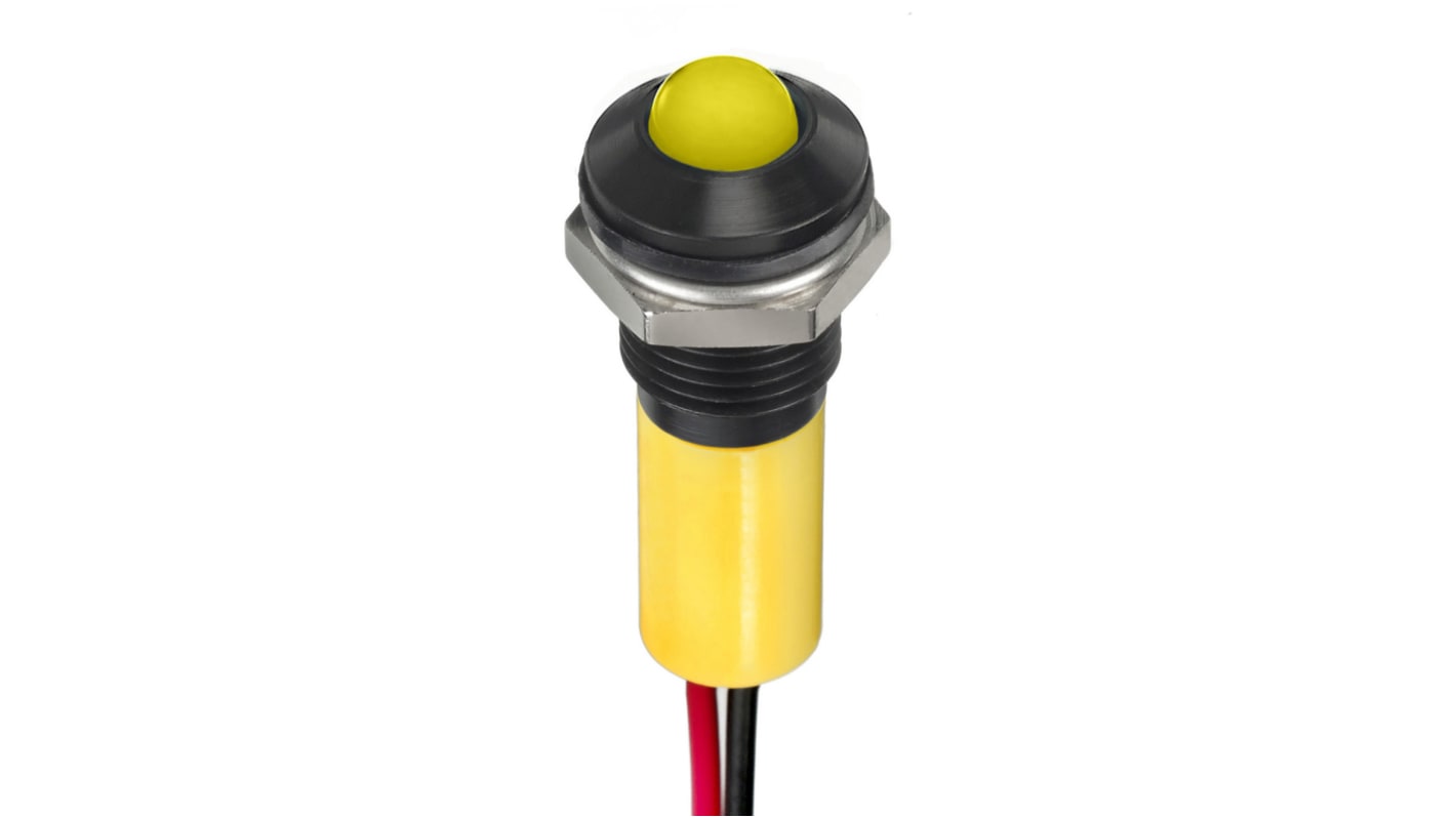 RS PRO Yellow Panel Mount Indicator, 12V dc, 8mm Mounting Hole Size, Lead Wires Termination, IP67