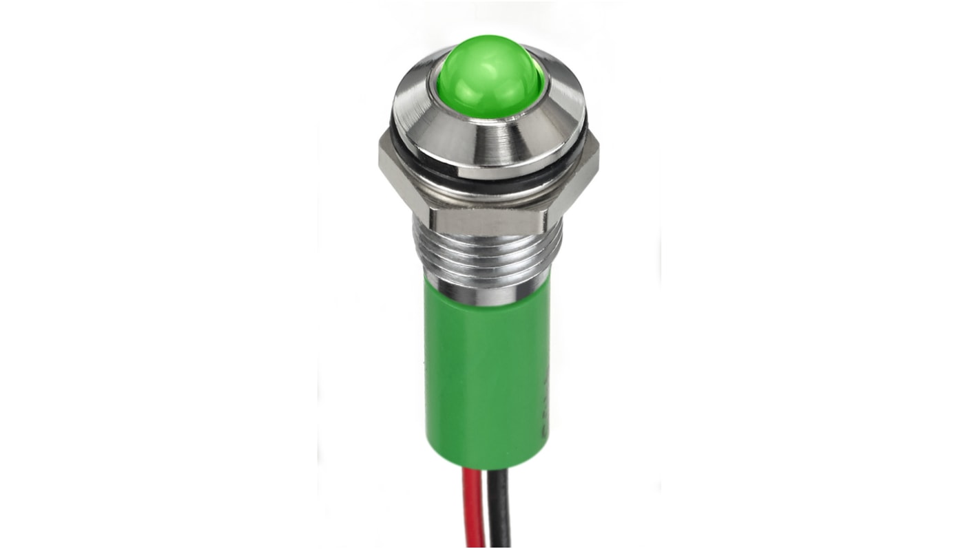 RS PRO Green Panel Mount Indicator, 2V dc, 8mm Mounting Hole Size, Lead Wires Termination, IP67