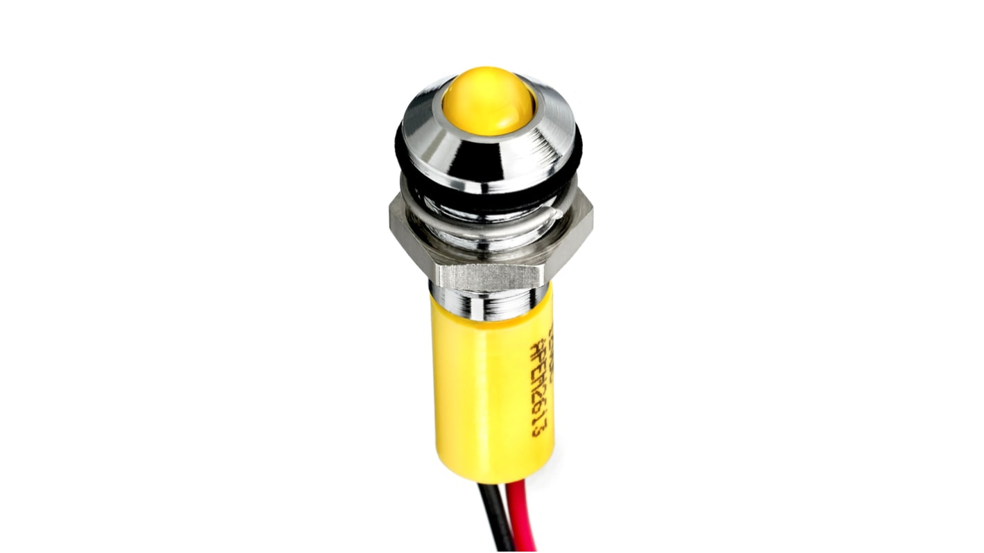 RS PRO Yellow Panel Mount Indicator, 24V dc, 8mm Mounting Hole Size, Lead Wires Termination, IP67