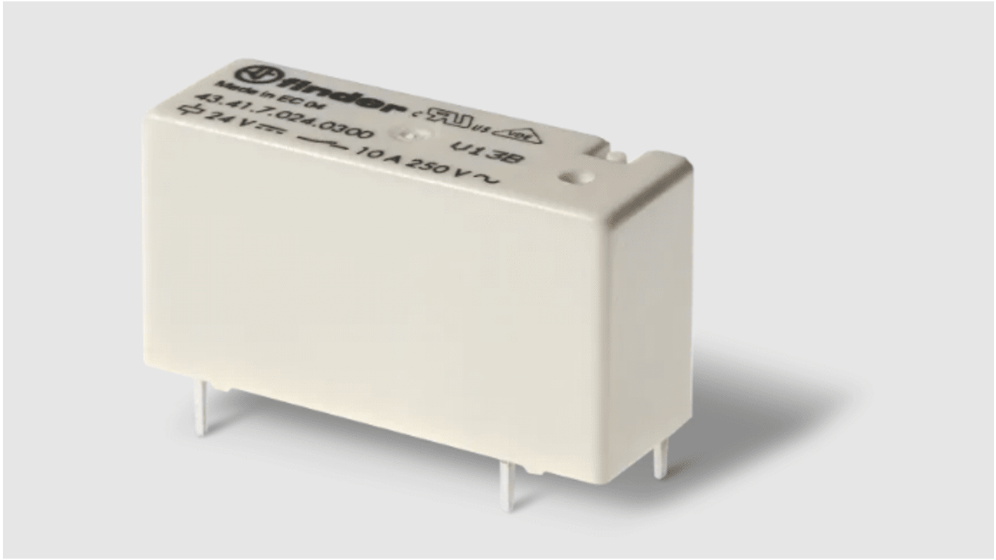 Relé sin enclavamiento Finder de 1 polo, SPDT, bobina 24V dc, 10A, Montaje en PCB