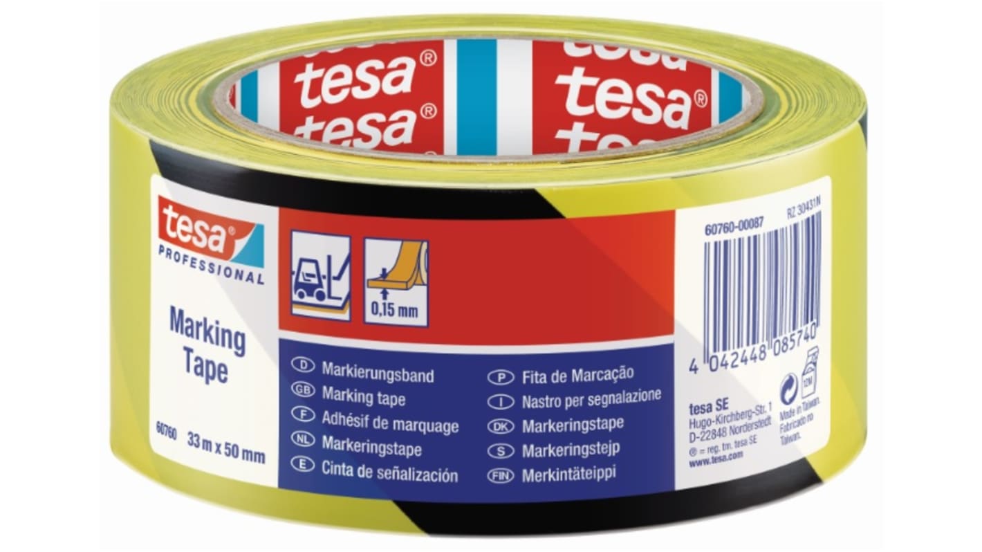 Tesa PVC Trassierband Schwarz, Gelb Typ Bodenmarkierungsband, Stärke 0.15mm, 50mm x 33m