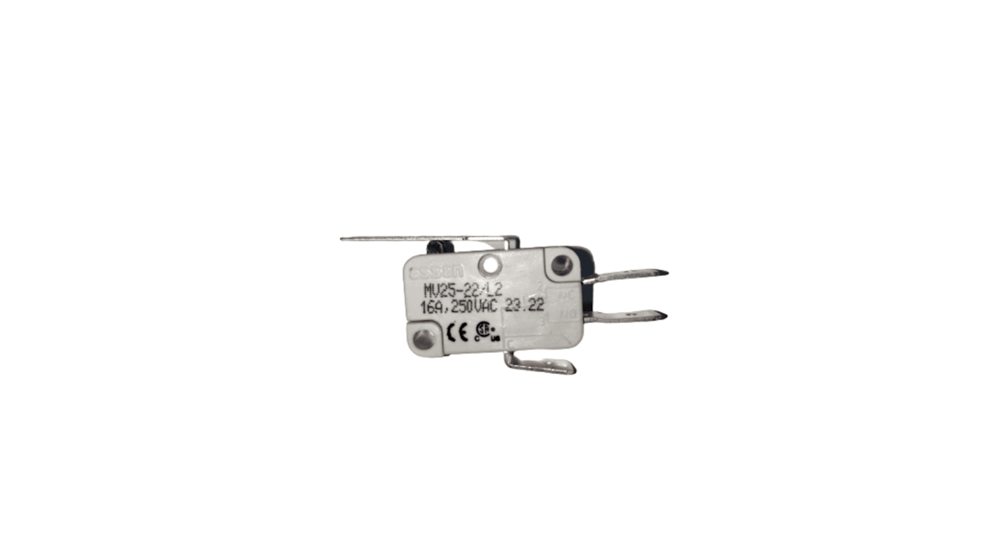 RS PRO Long Straight Lever Microswitch, Quick Connect Terminal, 16A @ 250V ac, SPDT, IP40