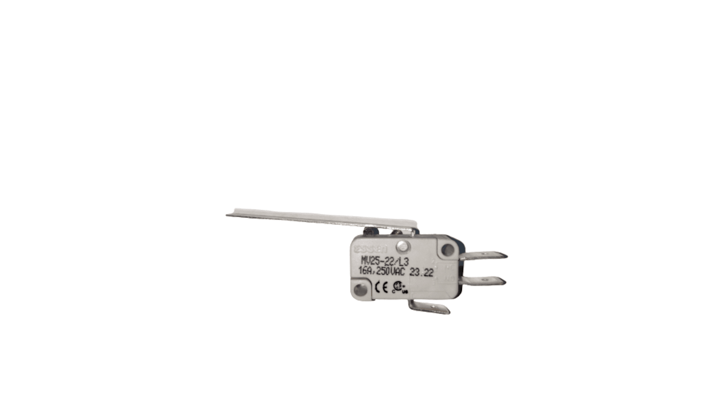 RS PRO Long Straight Lever Microswitch, Quick Connect Terminal, 16A @ 250V ac, SPDT, IP40