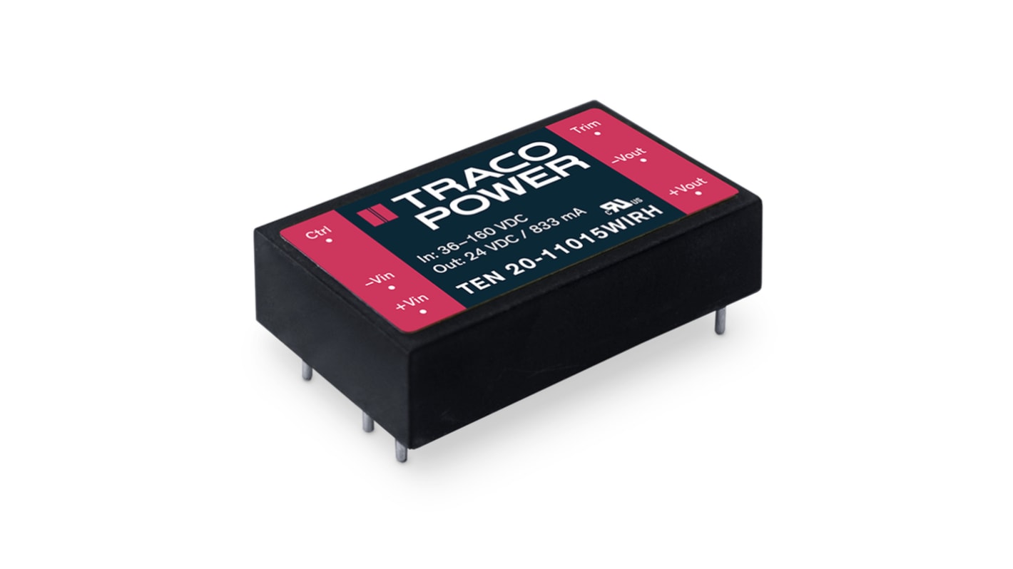 TRACOPOWER TEN 20WIRH Isolated DC-DC Converter, 24V dc/, 36 → 160 V dc Input, 20W, PCB Mount