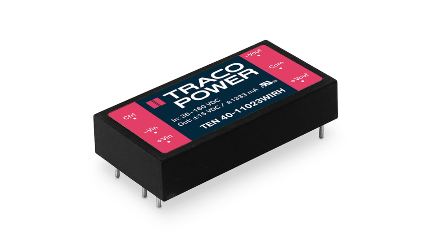 TRACOPOWER TEN 40WIRH Isolated DC-DC Converter, -12 → 12V dc/, 36 → 160 V dc Input, 40W, PCB Mount