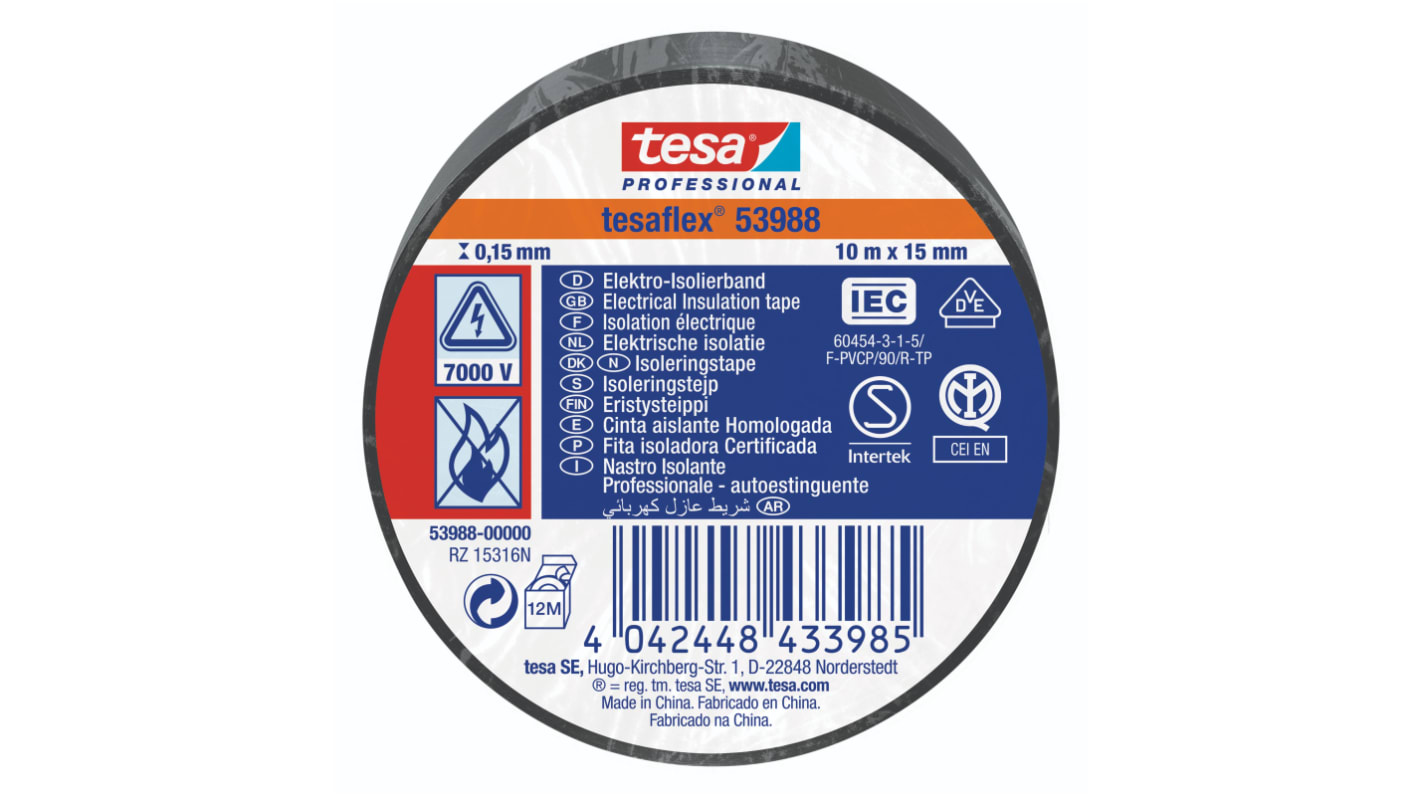 539880000000 Tesa Black PVC Electrical Insulation Tape, 15mm x 10m RS