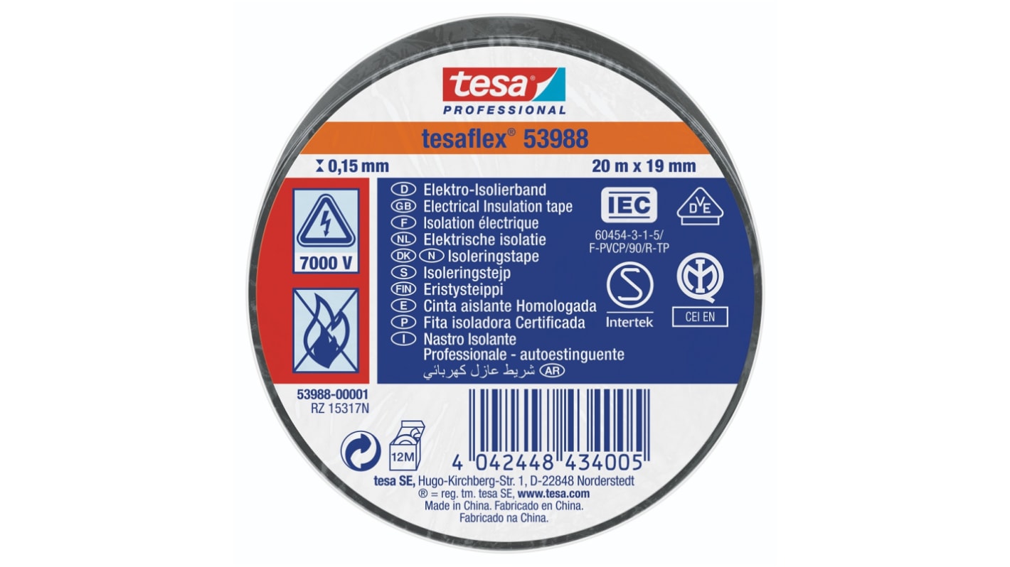 Tesa Black PVC Electrical Insulation Tape, 19mm x 20m