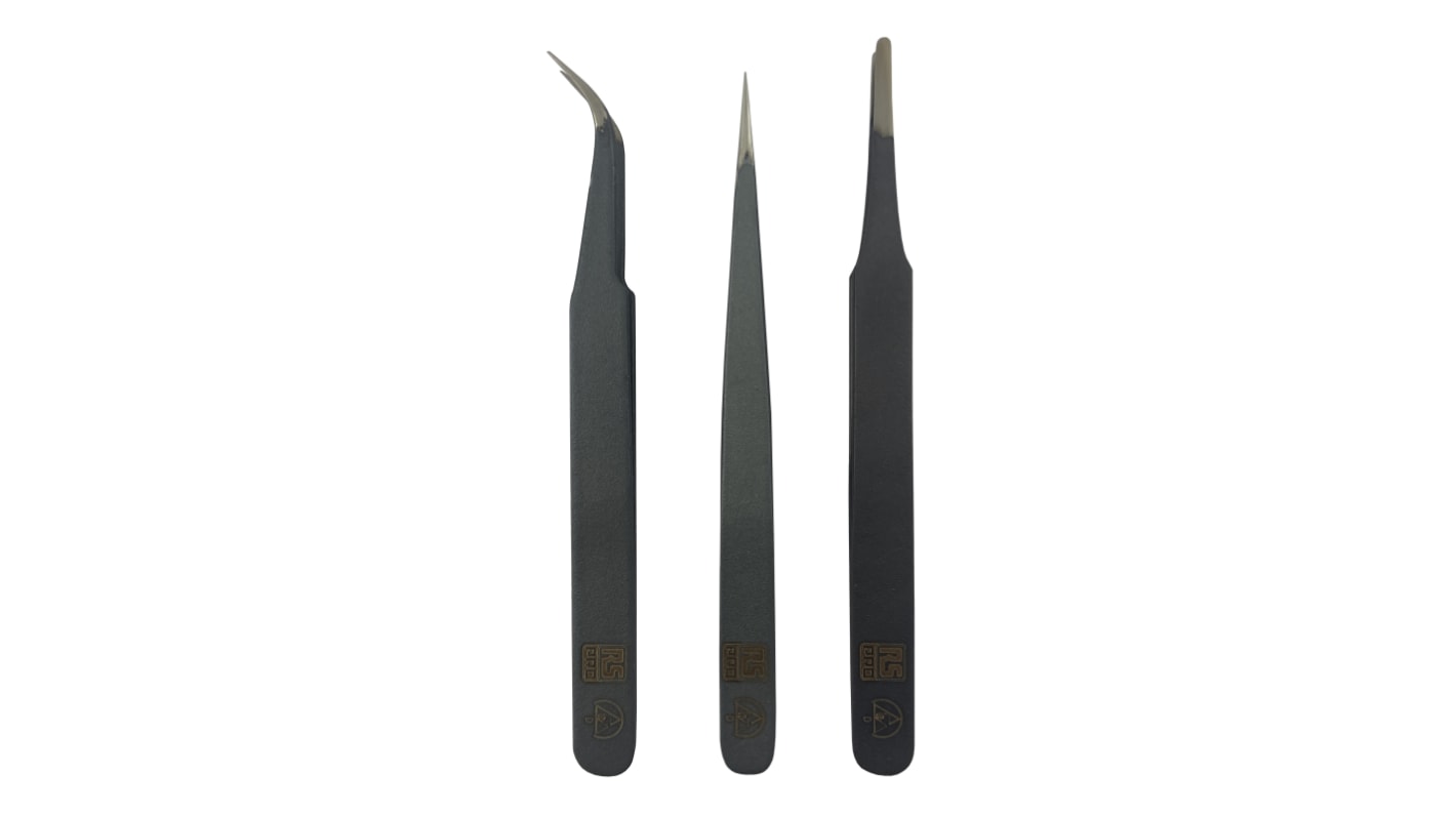 RS PRO 120mm, Steel, Curved, Fine, Rounded, Sharp, ESD Tweezer Set