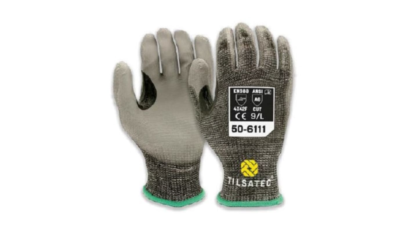 Guantes de HPPE, PET, Poliamida, Spandex, Acero Negro; gris Tilsatec, talla 8, con recubrimiento de Poliuretano,