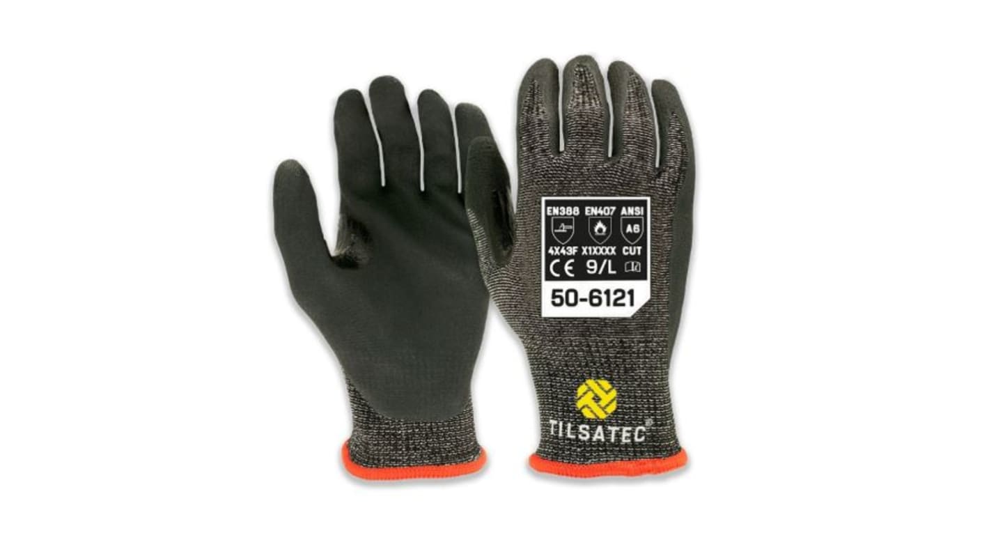 Tilsatec Black, Grey HPPE, PET, Polyamide, Spandex, Steel Abrasion Resistant, Cut Resistant Gloves, Size 11, Nitrile