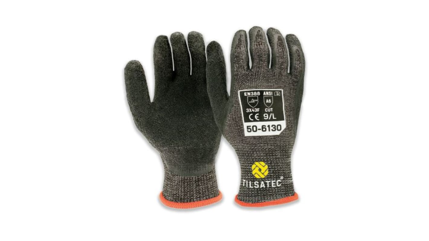 Tilsatec Black, Grey HPPE, PET, Polyamide, Spandex, Steel Abrasion Resistant Gloves, Size 8, Latex Coating