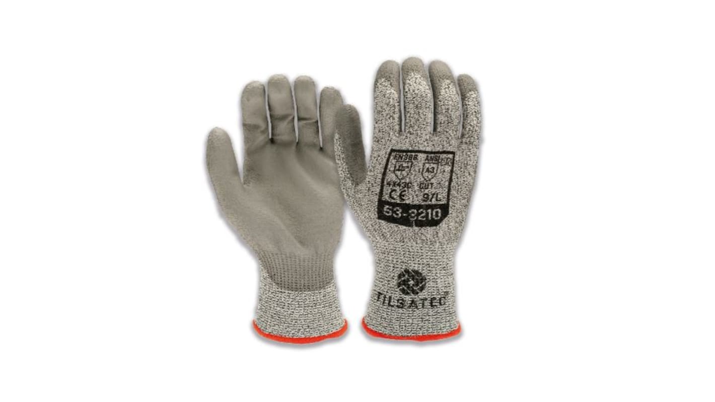 Tilsatec Black, Grey Glass Fiber, HPPE, PET, Polyamide, Spandex Cut Resistant Gloves, Size 7, Polyurethane Coating