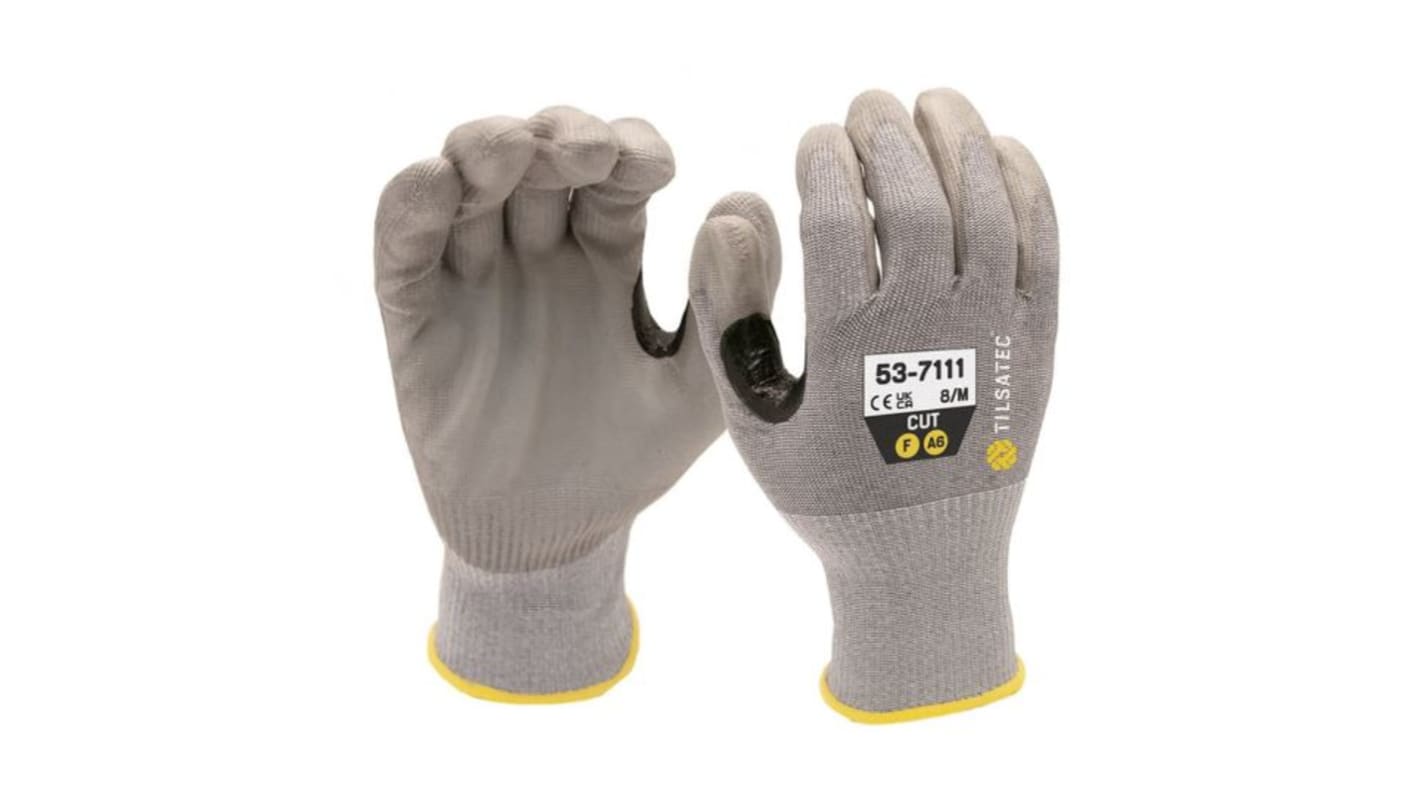 Tilsatec Grey HPPE, PET, Polyamide, Spandex, Steel Cut Resistant Gloves, Size 10, XL, Polyurethane Coating