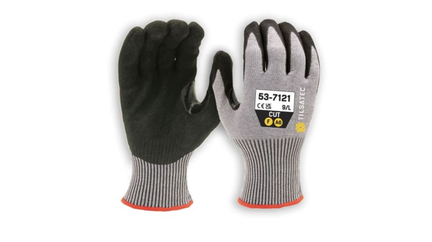 Tilsatec Black, Grey HPPE, PET, Polyamide, Spandex, Steel Cut Resistant Gloves, Size 7, Small, Foam Nitrile Coating