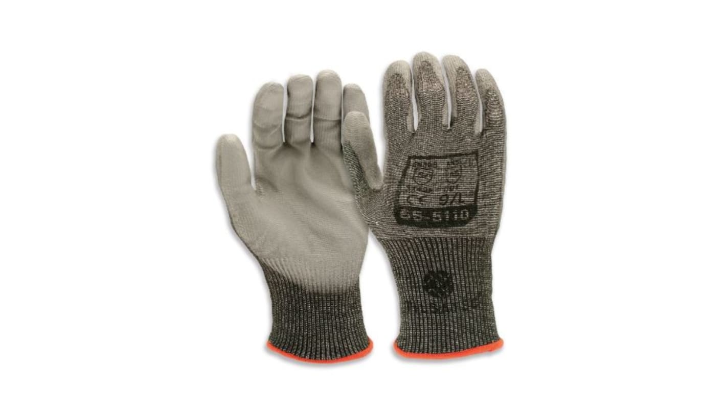 Tilsatec Black, Grey HPPE, PET, Polyamide, Spandex, Steel Cut Resistant Gloves, Size 7, Small, Polyurethane Coating