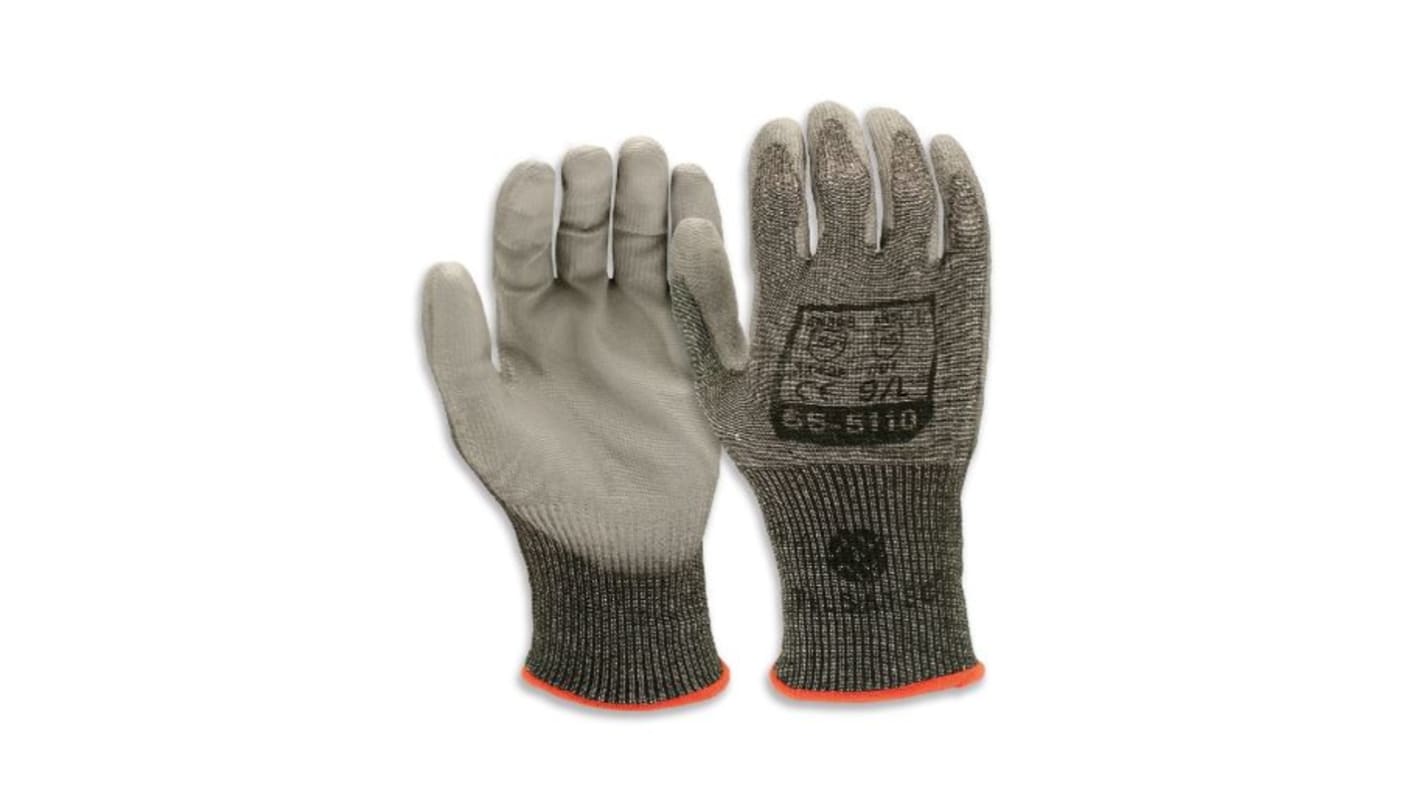 Tilsatec Black, Grey HPPE, PET, Polyamide, Spandex, Steel Cut Resistant Gloves, Size 10, Polyurethane Coating