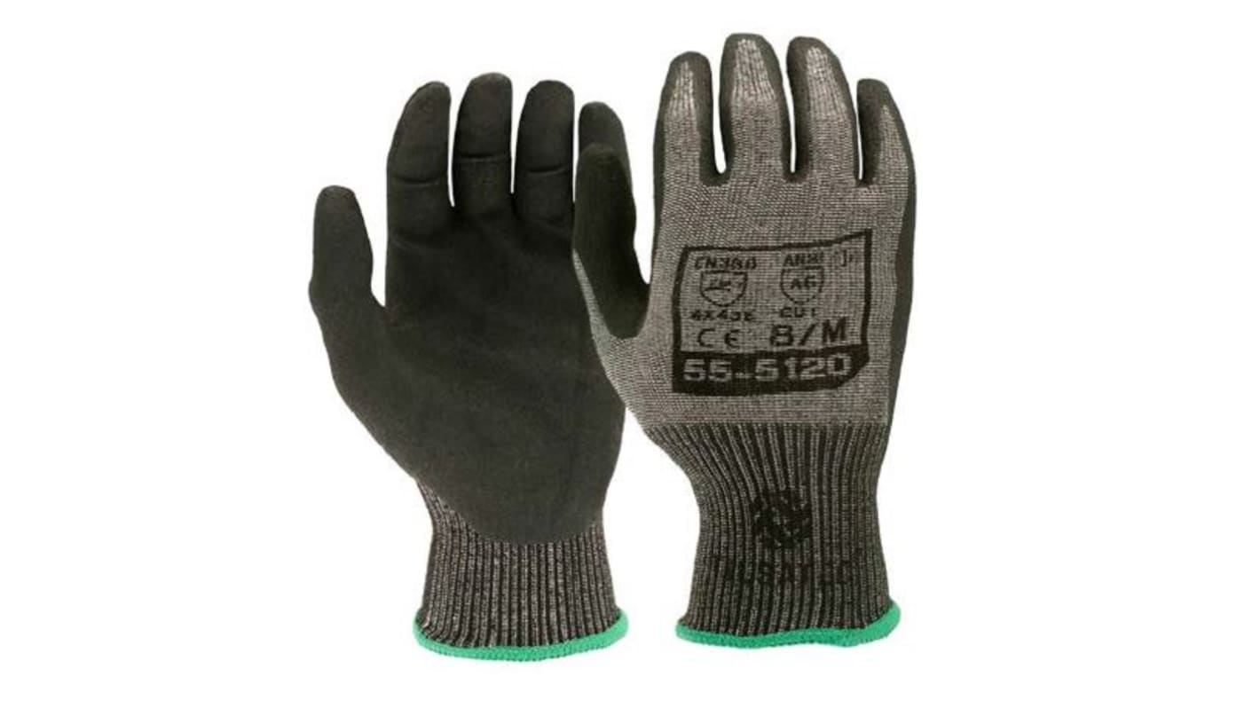 Tilsatec Black, Grey HPPE, PET, Polyamide, Spandex, Steel Cut Resistant Gloves, Size 7, Small, Microporous Nitrile