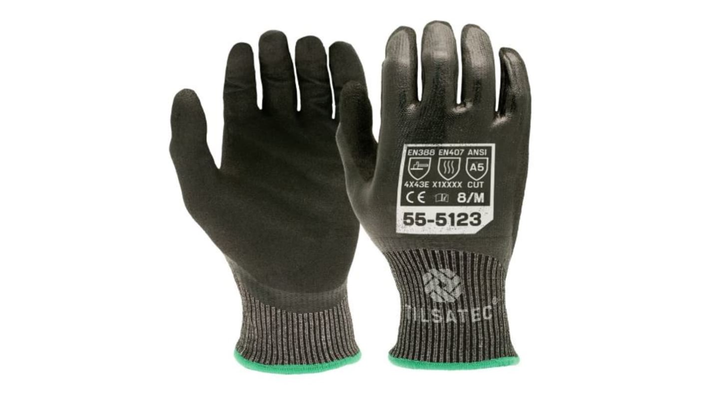 Tilsatec Black, Grey HPPE, PET, Polyamide, Spandex, Steel Cut Resistant Gloves, Size 8, Nitrile Coating