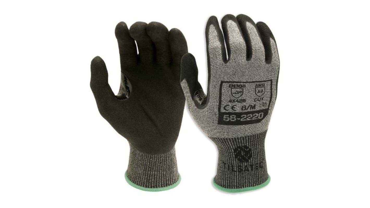 Tilsatec Black, Grey Glass Fiber, HPPE, PET, Polyamide, Spandex Good Dexterity Gloves, Size 7, Small, Bi-Polymer Coating