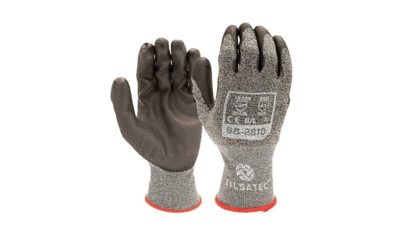 Tilsatec Black, Grey Glass Fiber, PET, Polyamide, Spandex Good Dexterity Gloves, Size 7, Polyurethane Coating