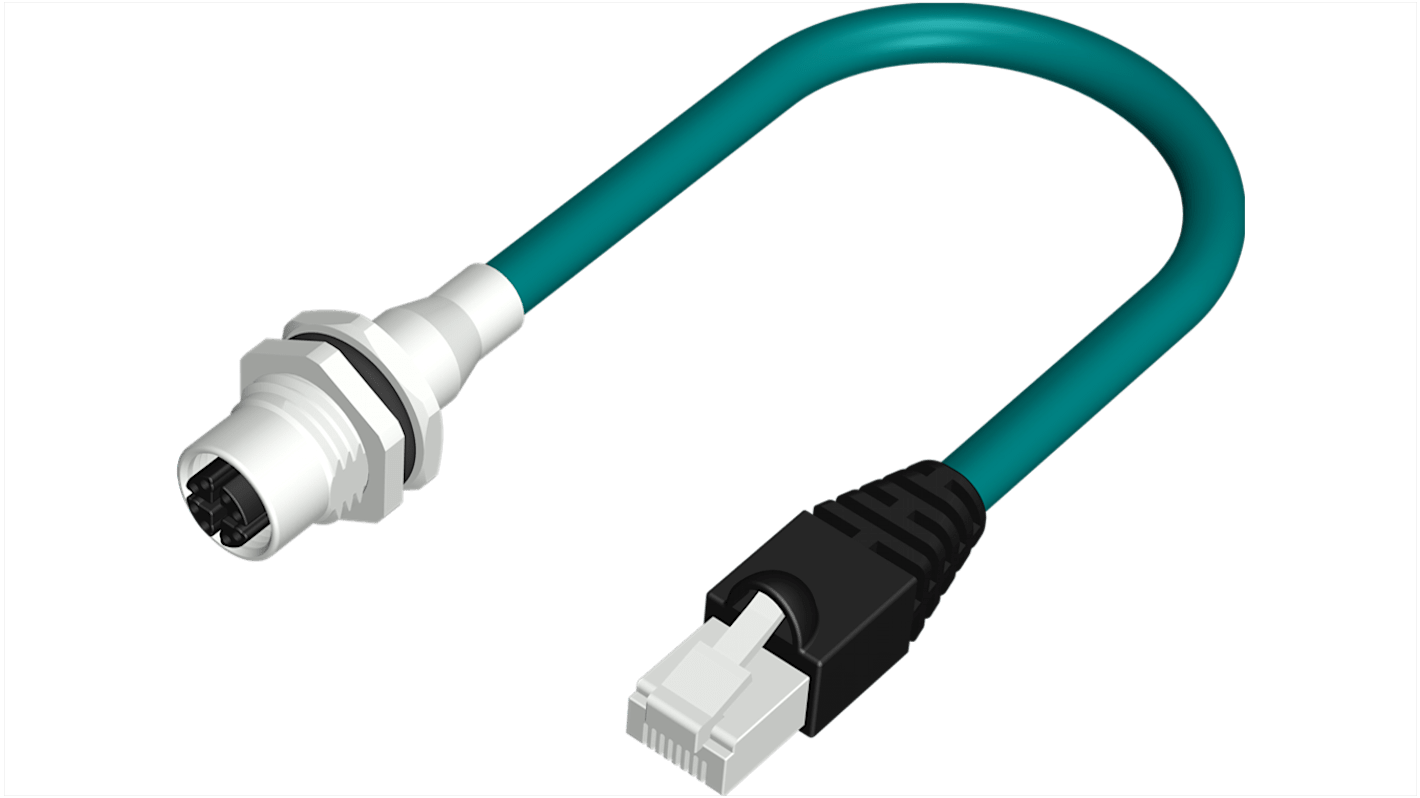 RS PRO Cat6a Straight Female M12 to Male RJ45 Cable, Teal PUR