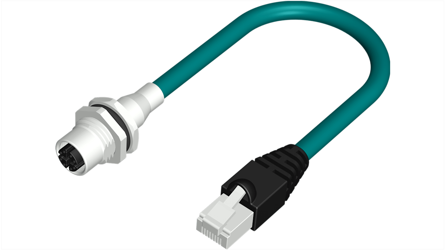 RS PRO Cat6a Straight Female M12 to Male RJ45 Ethernet Cable, Teal PUR Sheath, 500mm