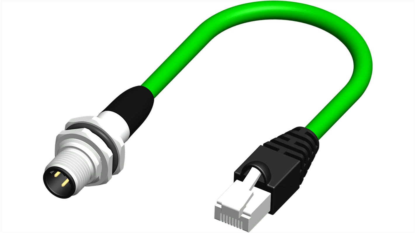 RS PRO Cat5e Straight Male M12 to Straight Male RJ45 Ethernet Cable, Braid, Green PVC Sheath, 0.5m