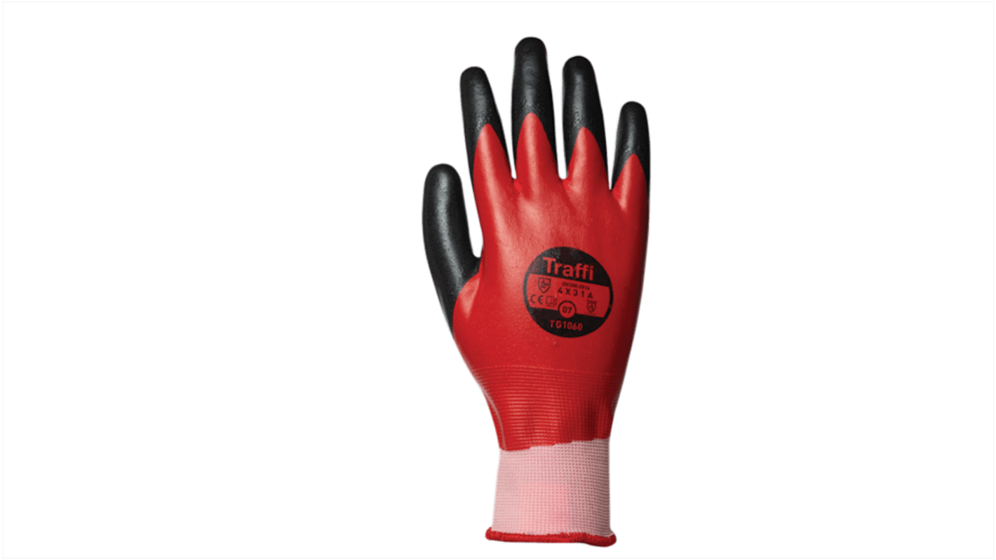 Traffi Red Nitrile, Nylon Cut Resistant Cut Resistant Gloves, Size 11, XXL, Nitrile Coating