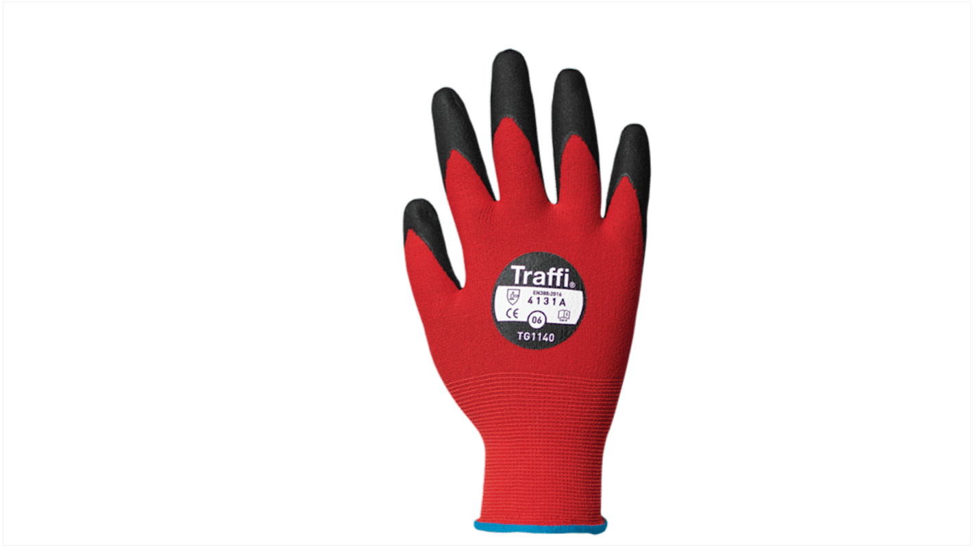 Traffi Red Nitrile, Nylon Cut Resistant Cut Resistant Gloves, Size 11, XXL, Nitrile Coating