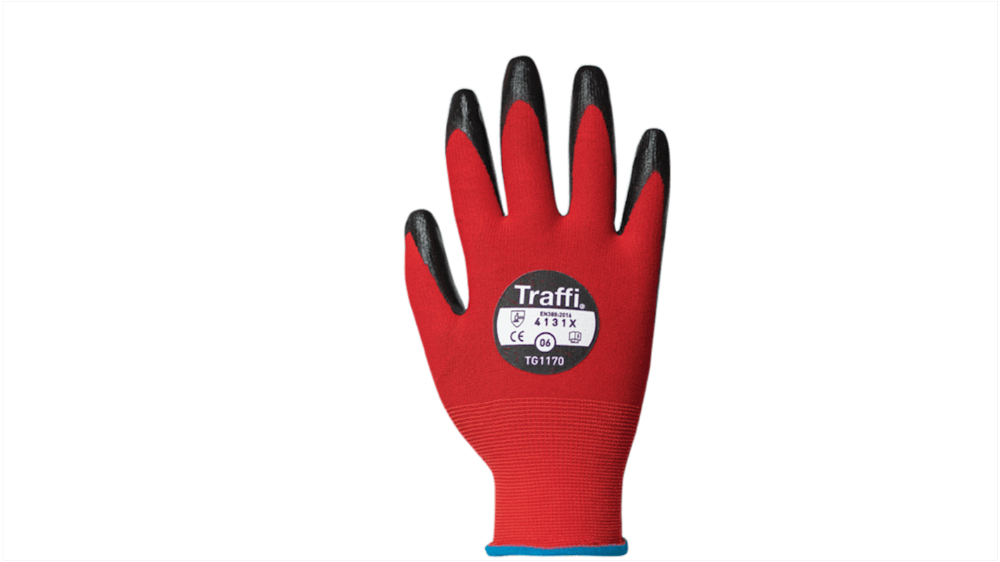 Traffi Red Nitrile, Nylon Cut Resistant Cut Resistant Gloves, Size 8, Nitrile Coating