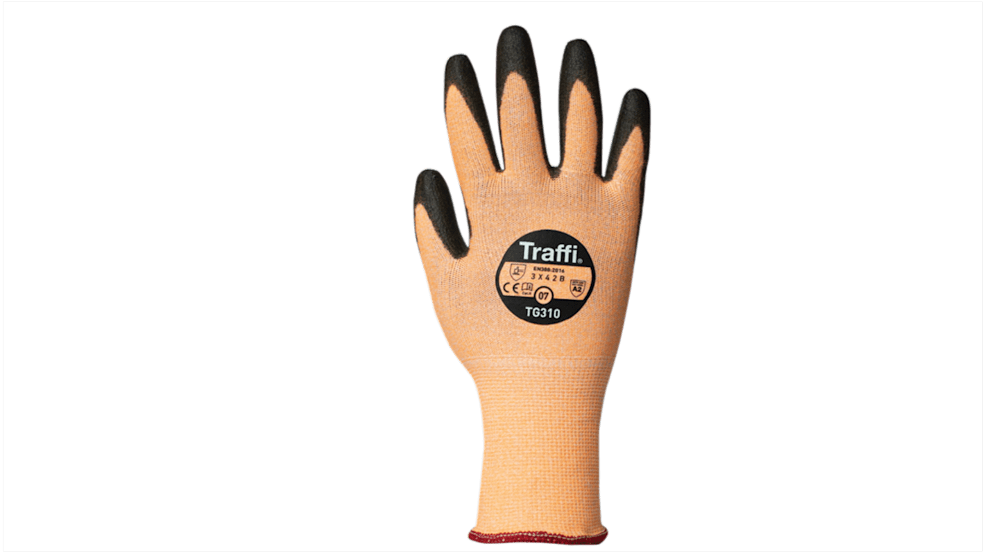 Traffi Orange Elastane, HPPE, Nylon Cut Resistant Cut Resistant Gloves, Size 9, Polyurethane Coating