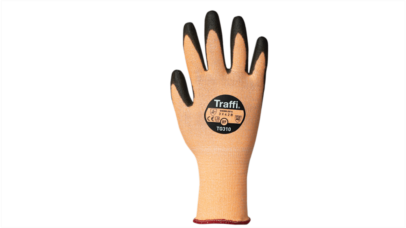 Guantes resistentes a cortes de Elastano, HPPE, Nailon Naranja Traffi, talla 9, con recubrimiento de Poliuretano