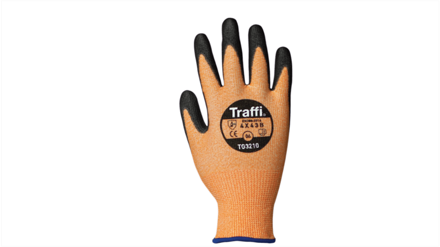 Traffi Amber Elastane, HPPE, Nylon Cut Resistant Cut Resistant Gloves, Size 6, Polyurethane Coating
