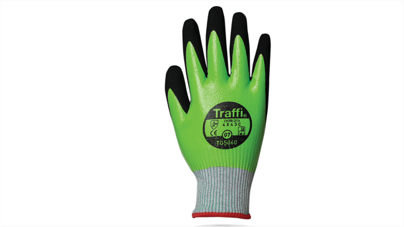 Traffi Green Nitrile, Nylon Cut Resistant Cut Resistant Gloves, Size 9, Large, Nitrile Coating