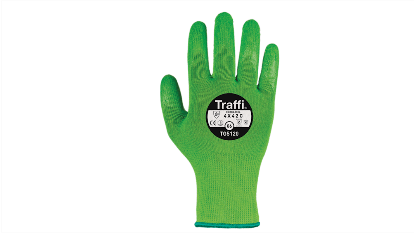 Traffi Green Cut Resistant Cut Resistant Gloves, Size 6, XS, Rubber Coating