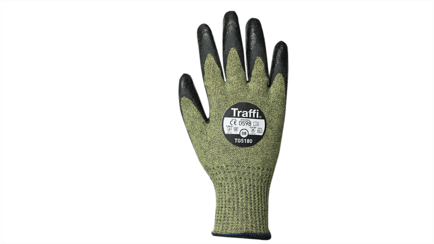 Traffi Green Acrylic, Aramid, Glass Fibre Cut Resistant Cut Resistant Gloves, Size 10, XL, Chloroprene, Nitrile Coating