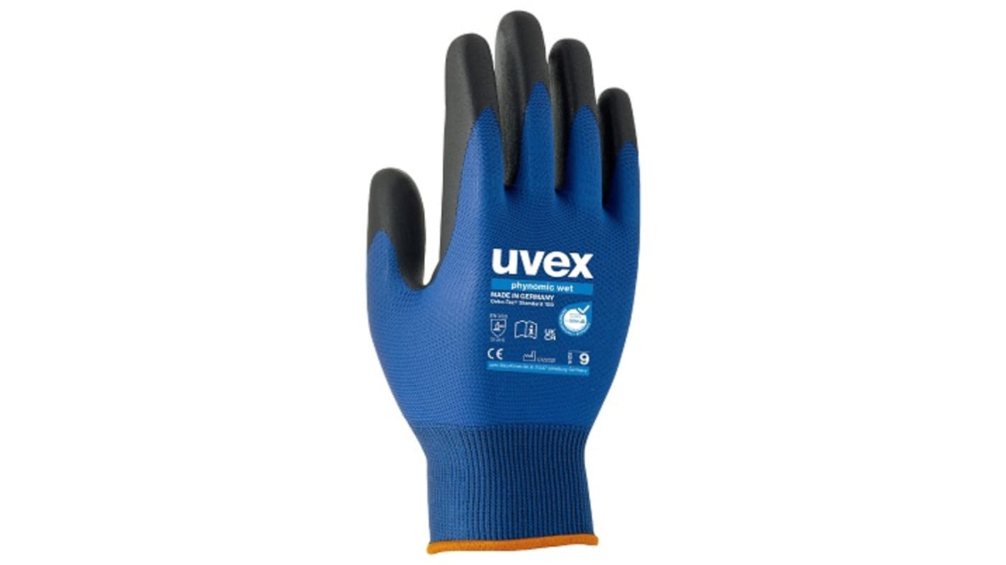 Uvex phynomic wet Blue, Grey Elastane, Polyamide Abrasion Resistant Work Gloves, Size 6, Aqua-Polymer Foam Coating