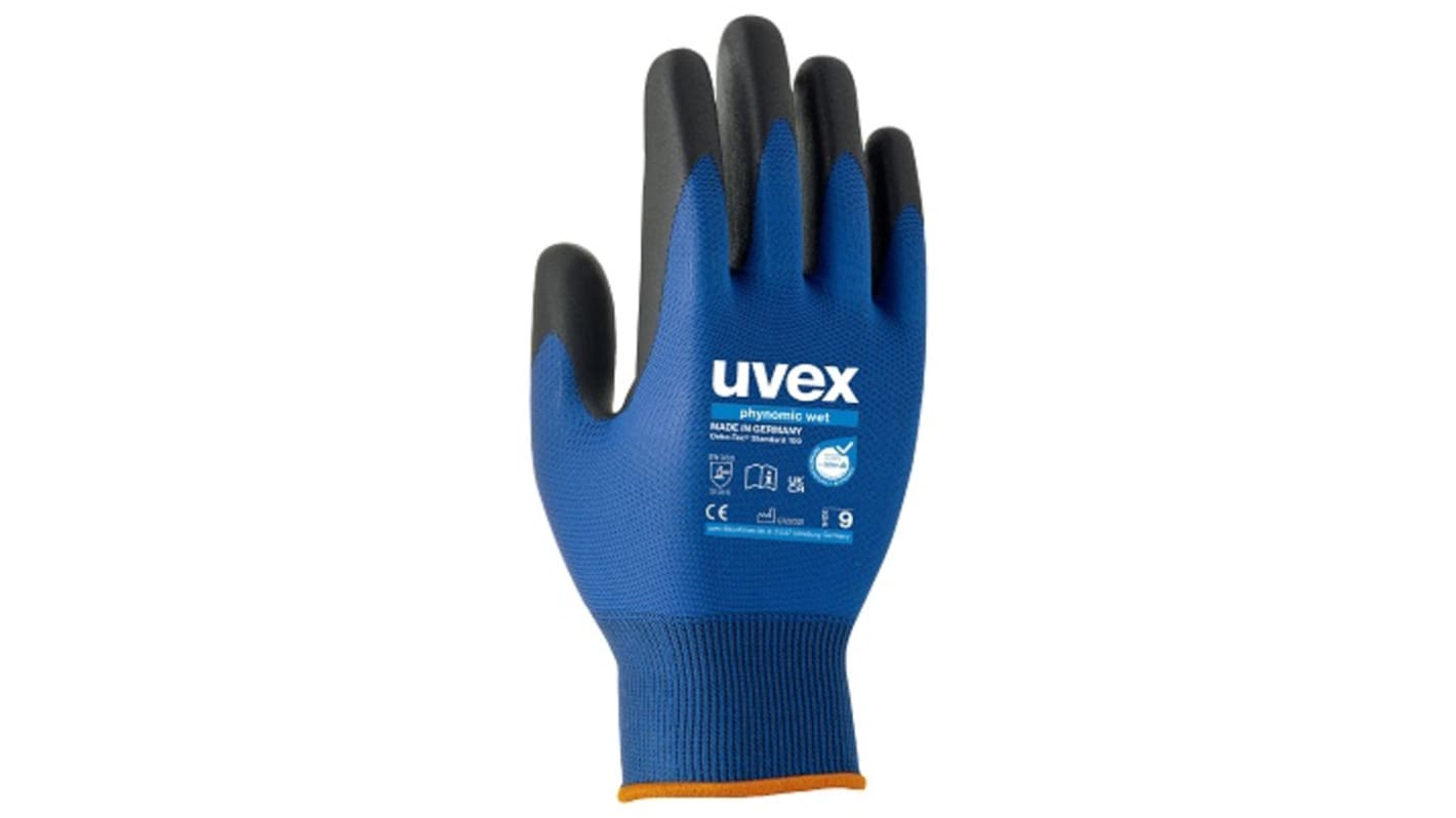 Uvex phynomic wet Blue, Grey Elastane, Polyamide Abrasion Resistant Work Gloves, Size 8, Aqua-Polymer Foam Coating