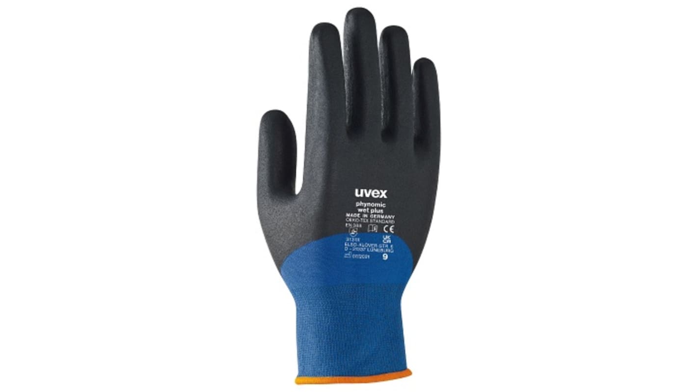 Uvex phynomic wet plus Blue Elastane, Polyamide Abrasion Resistant Work Gloves, Size 7, Small, Aqua-Polymer Foam Coating